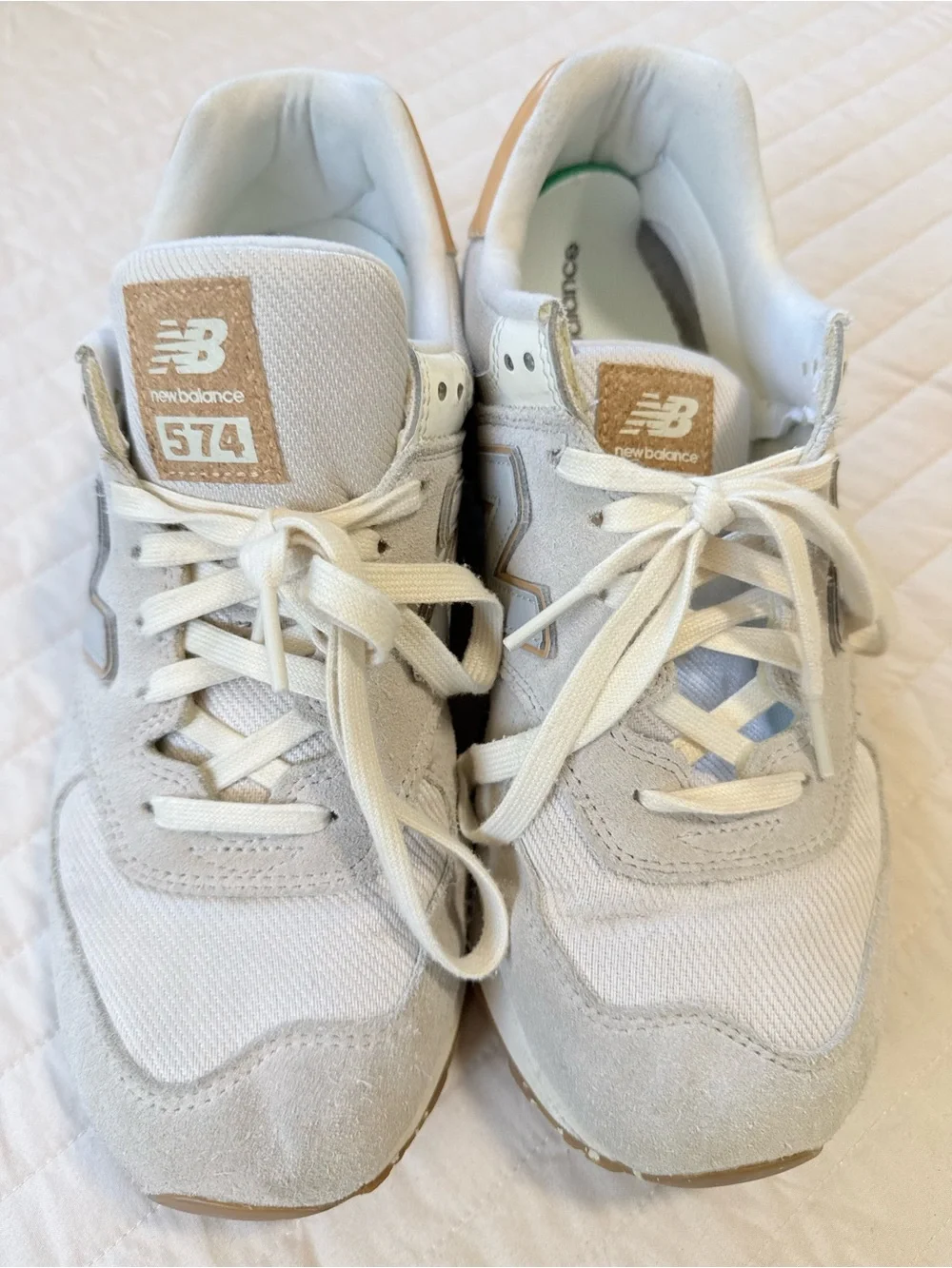 New Balance 574 Sneakers in White and Tan Accents